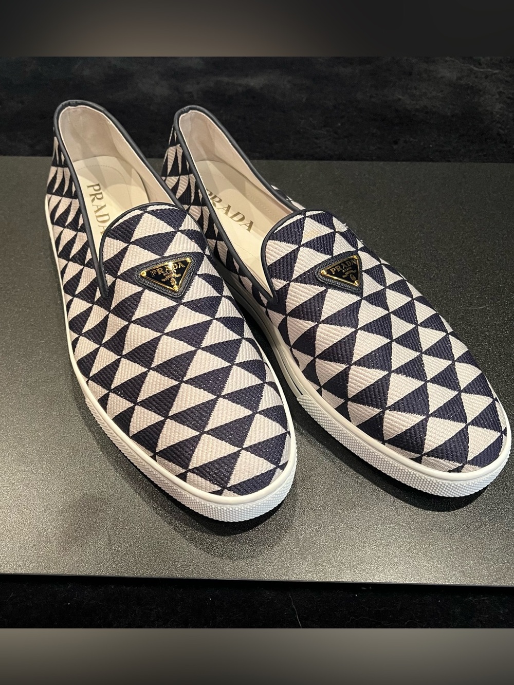 Prada Symbole Logo Loafer Mens Slip-on Sneakers White/Black Size 10US